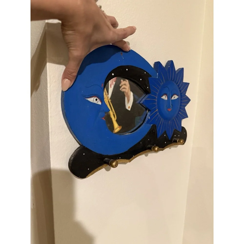 Vintage 90s Hand Painted Sun Moon Celestial Wall Mirror Coat Hooks Blue Black
